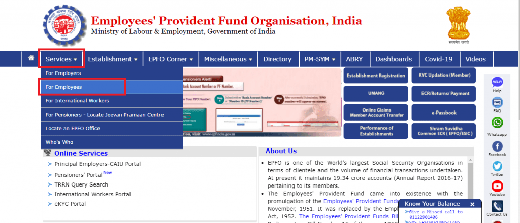 PF online balance check online steps